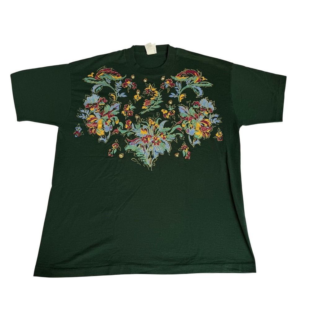 India Ink Woman Vintage Hand Painted Floral T-Shirt Green‎ Plus Size 1X USA Made